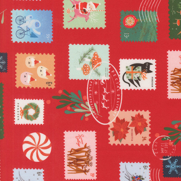 Moda - Tiny Christmas - Christmas Stamps Christmas Red Fabric