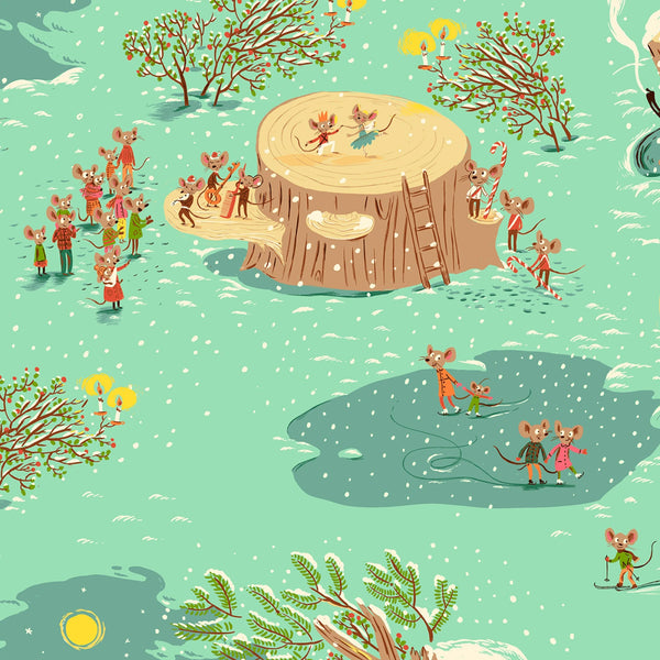 Windham - Heather Ross Studio Edit - Christmas Mice Aqua Fabric