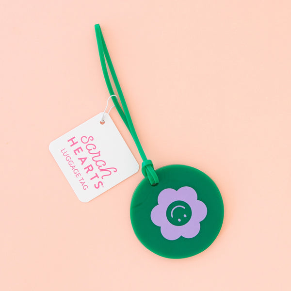 Sarah Hearts - Luggage Tag - Smiley Daisy Flower Green