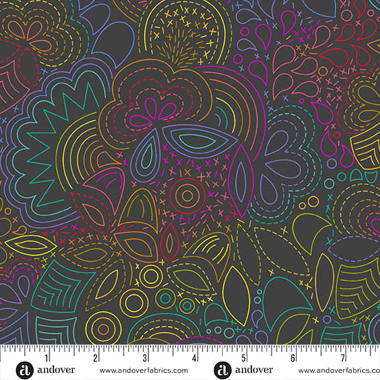 Andover - Alison Glass Color Wheel - Rainbow Stitched Night Fabric