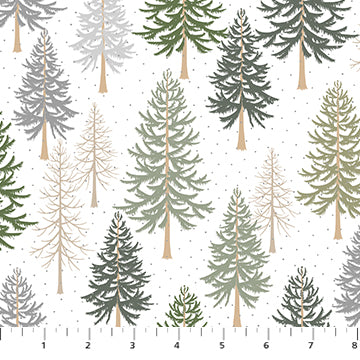 Figo - Snowfall - Trees White Metallic Fabric