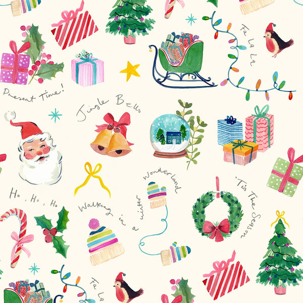 Lewis & Irene - Fa La La - Jingle Bells Winter White Fabric