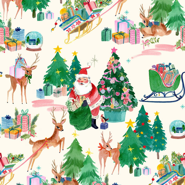 Lewis & Irene - Fa La La - Deer Santa Winter White Fabric