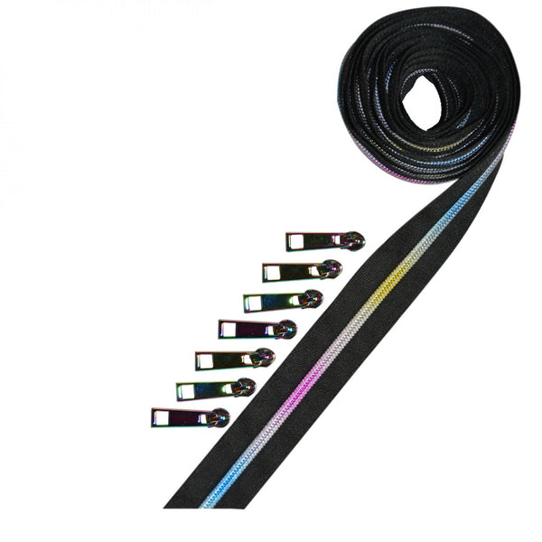 The Decorating Diva - Black Metallic Zipper Tape Rainbow - 2.5 yrds/7 pulls