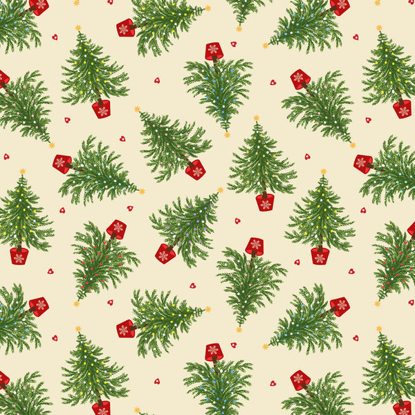 Lewis & Irene - Oh Christmas Tree - Tree on Cream Metallic Gold Fabric