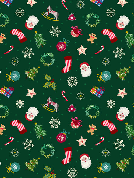 Lewis & Irene - Oh Christmas Tree - Little Festive Things on Green Gold Metallic Fabric