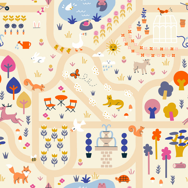 Ruby Star Society - Woodland Park - Garden Map Parchment Fabric