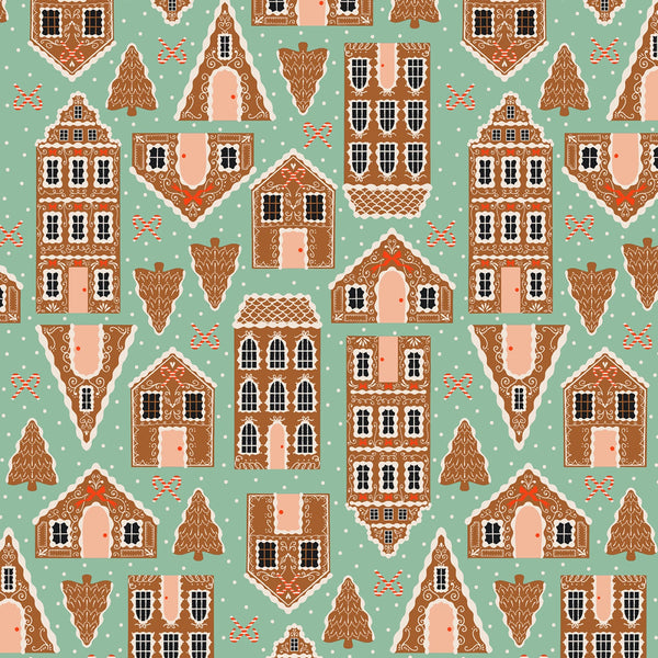 Dear Stella - Holly Jolly - Gingerbread Houses Jade Fabric