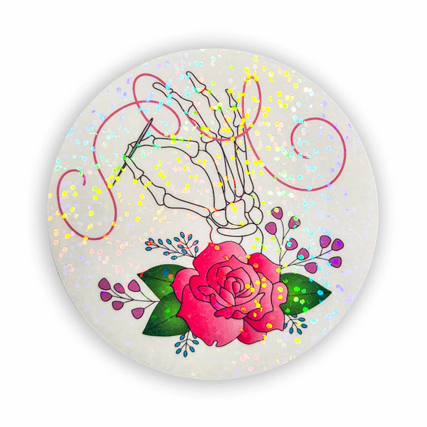 Pretty Rude Embroidery - Floral Skeleton Embroidery Hand Holographic Vinyl Sticker