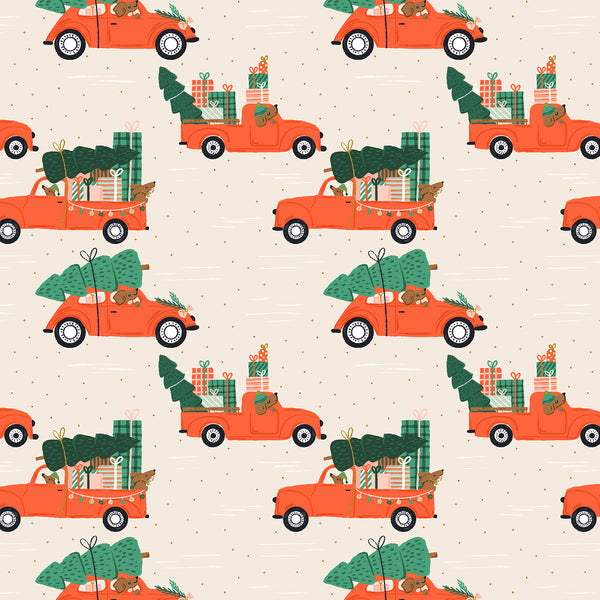 Cotton + Steel Fabrics - Merry Pawmas - Holiday Haulin' Hounds Cream Metallic Fabric