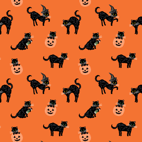 Rifle Paper Co. - Halloween - Black Cat - Orange Metallic Fabric