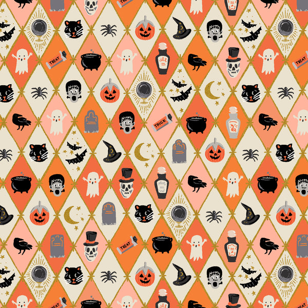 Rifle Paper Co. - Halloween - Halloween Argyle - Orange Metallic Fabric