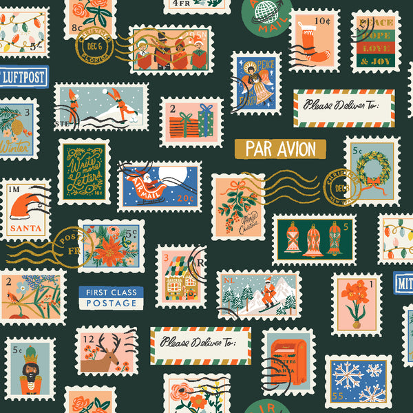 Rifle Paper Co. - Holiday Classics II - Holiday Stamps - Evergreen Metallic Fabric