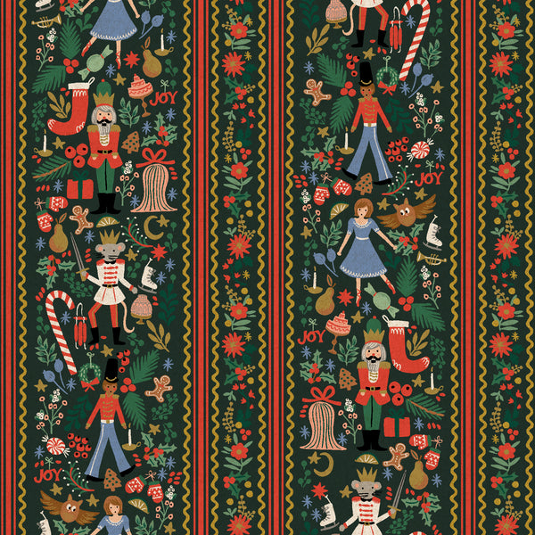 Rifle Paper Co. - Holiday Classics IV - Holly Jolly Nutcracker - Evergreen Metallic Canvas Fabric