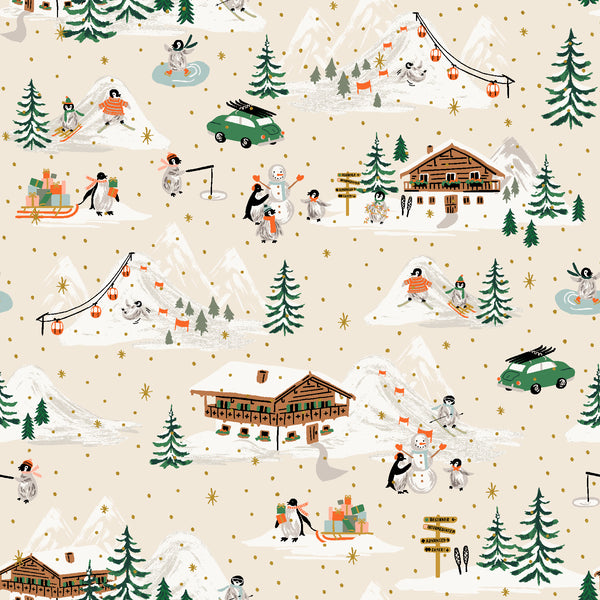 Rifle Paper Co. - Holiday Classics IV - Penguin Village - Cream Metallic Fabric