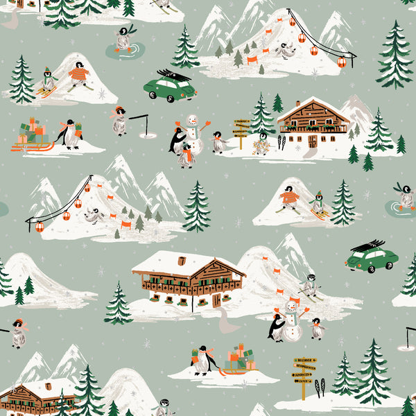 Rifle Paper Co. - Holiday Classics IV - Penguin Village - Mint Metallic Fabric