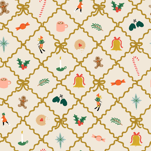 Rifle Paper Co. - Holiday Classics IV - Holiday Argyle - Cream Metallic Fabric
