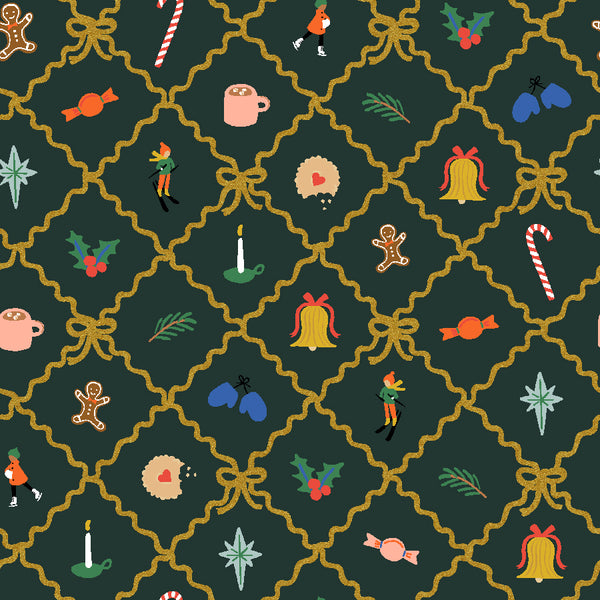 Rifle Paper Co. - Holiday Classics IV - Holiday Argyle - Evergreen Metallic Fabric