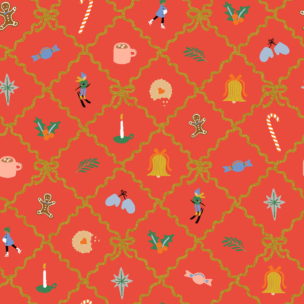 Rifle Paper Co. - Holiday Classics IV - Holiday Argyle - Red Metallic Fabric