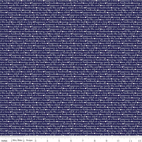 Riley Blake Designs - Blue Stitch Text - Navy Fabric