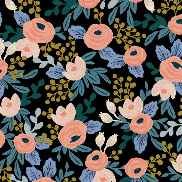 Rifle Paper Co. - Garden Party - Rosa Floral - Black Unbleached Canvas Fabric