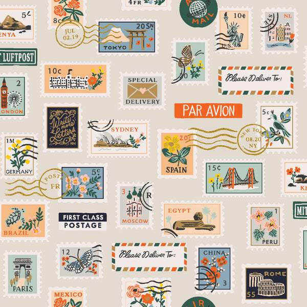 Rifle Paper Co. - Bon Voyage - Postage Stamps - Flax Metallic Fabric