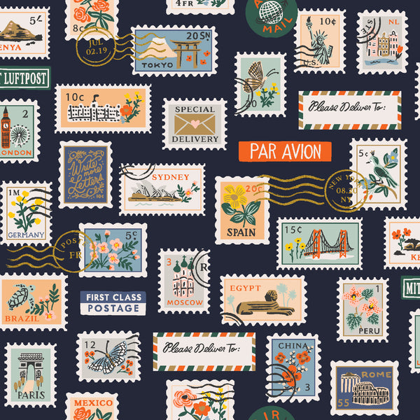 Rifle Paper Co. - Bon Voyage - Postage Stamps - Navy Metallic Fabric